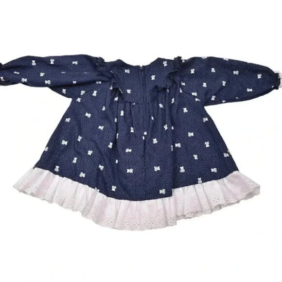Vintage Blue White Ruffle EyeletTeddy Bear Long Sleeve Prairie Dress Size 24M - Picture 5 of 7